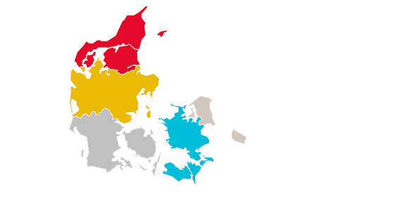 De 5 regioner i Danske Fysioterapeuter vist på et kort